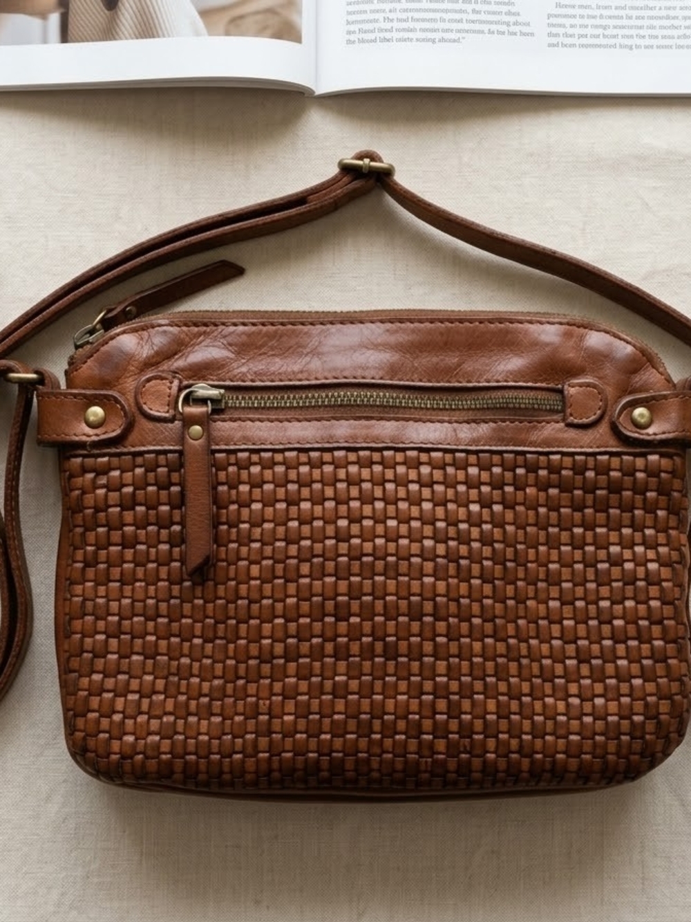 Vintage Genuine Woven Leather Crossbody Bag - Brown